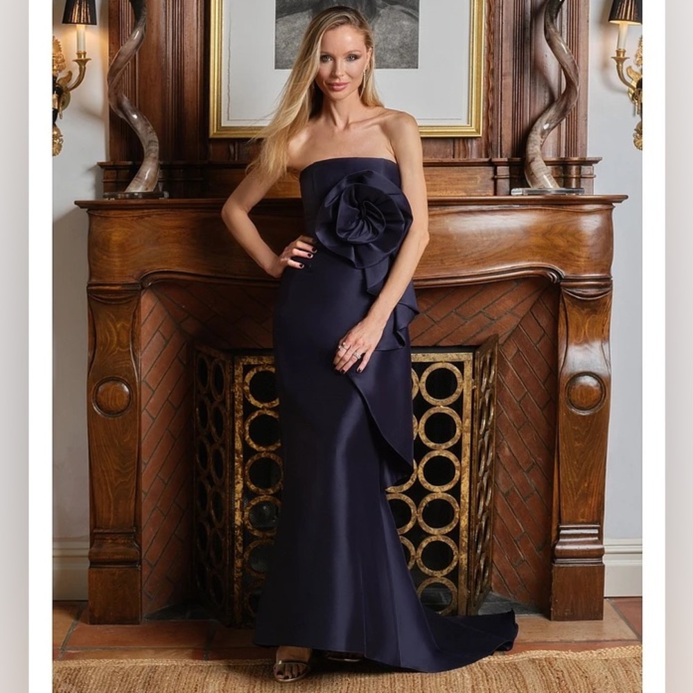 Muse by Marchesa Stretch Mikado 3D Rosette Running Side Ruffle Maxi Dress - Picture 3 of 7